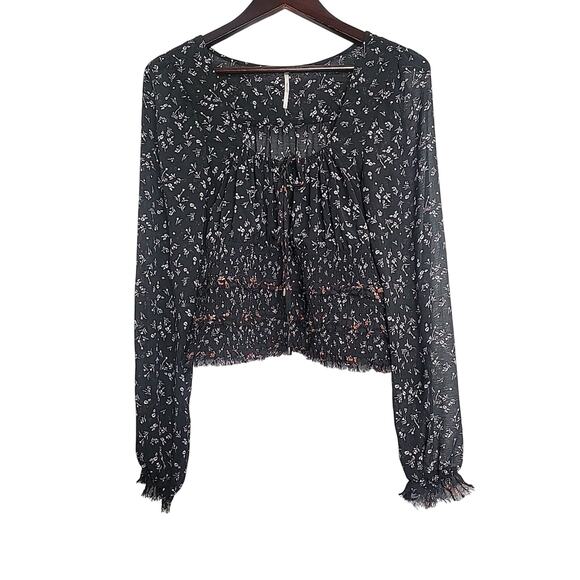 Free People Lolita Womens Long Sleeve Shirt Large Peasant Ruffle Black Floral - Picture 4 of 8
